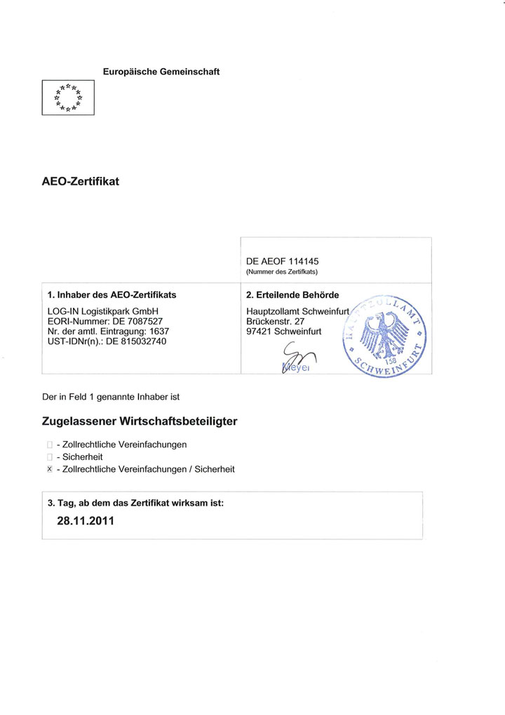 AEO Zertifikat LOG-IN Logistikpark GmbH